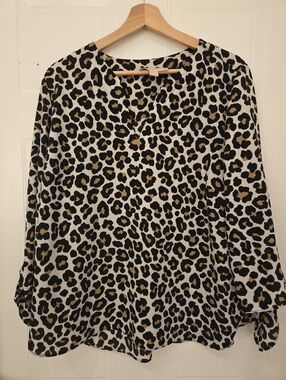 Michael Kors Leopard Print V-Neck Blouse - Black, Tan & Cream XL